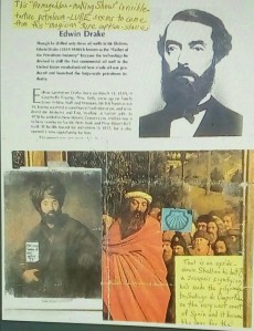 collage of Edwin Drake, "the Father of the Petroleum Industry," the Man In Oriental Costume portrait and the Ghent Altarpiece's Pilgrims.